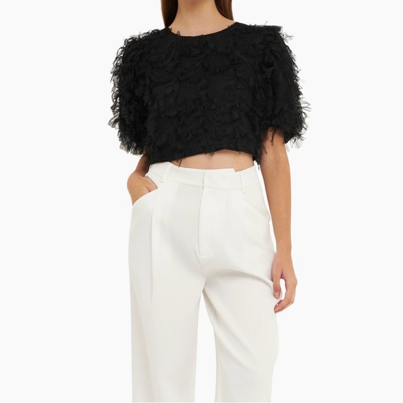 ENDLESS ROSE Gridded Mesh Feathered Cropped Top - Picture 2 of 11